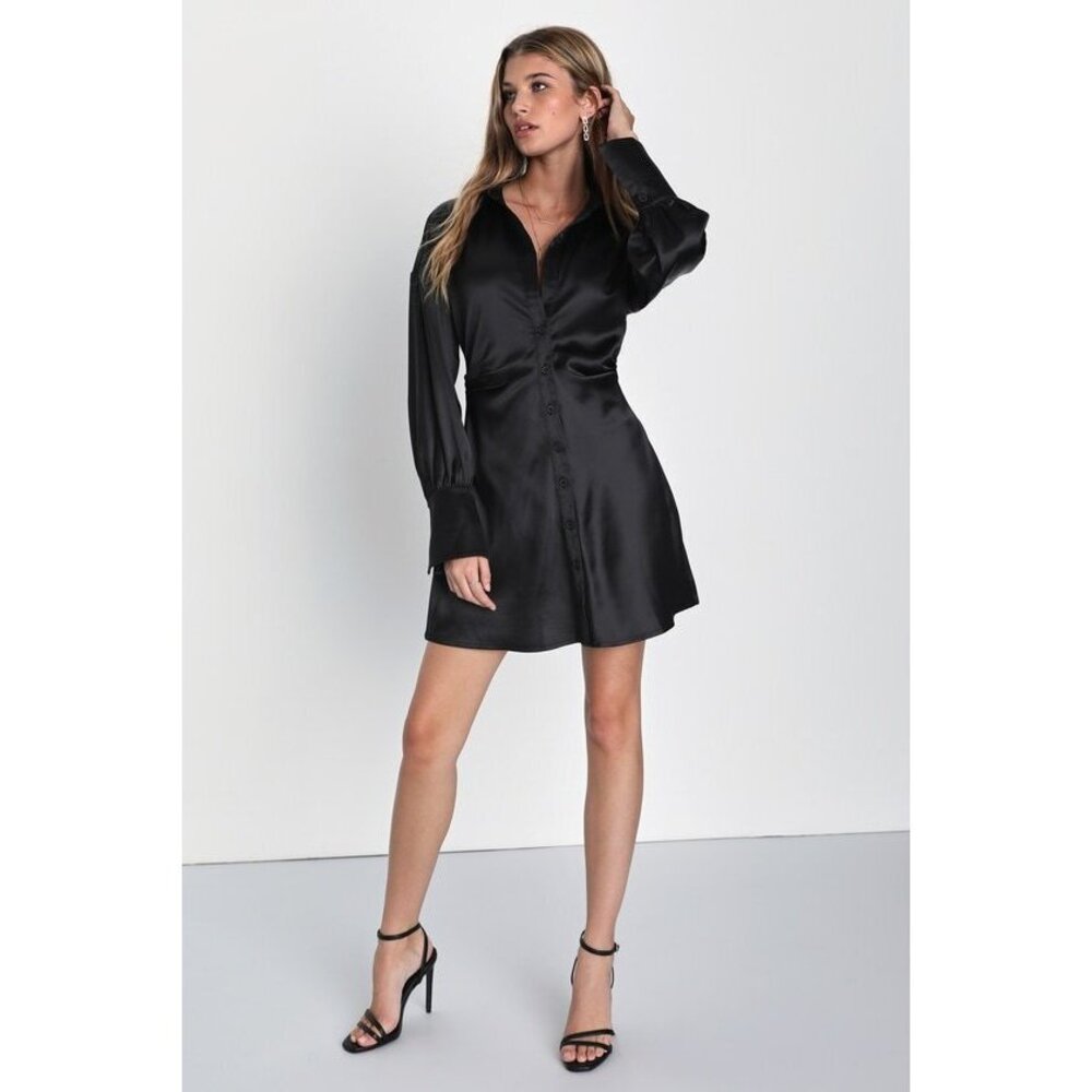Lulus Sleek Allure Black Satin Long Sleeve Button-up Mini Dress - Size L